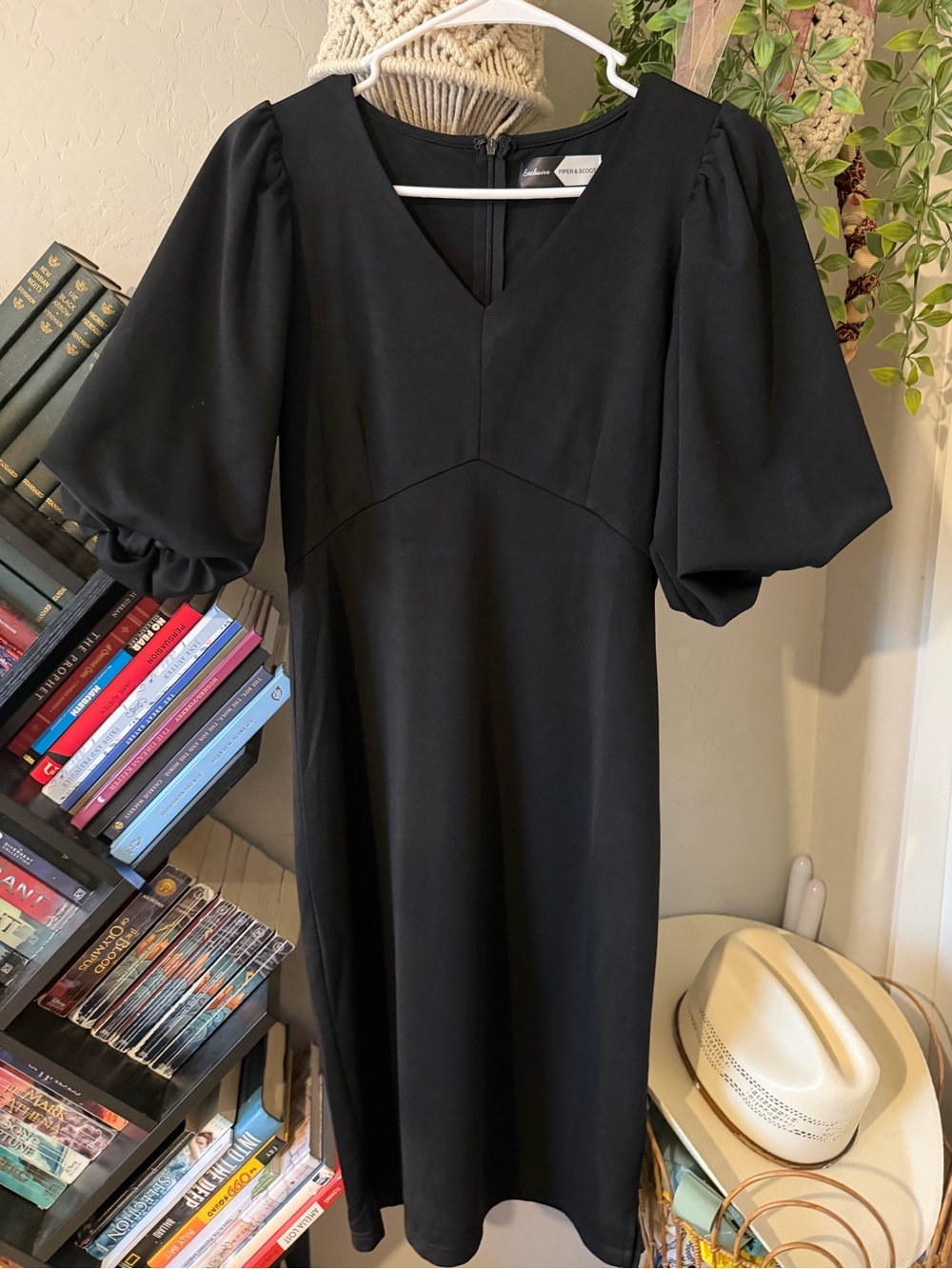 Black V-Neck Midi Dress with Puff Sleeves